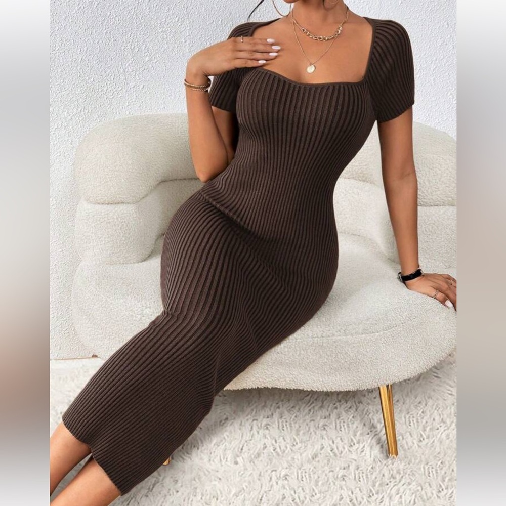 SHEIN Brown Ribbed Fitted Midi Dress